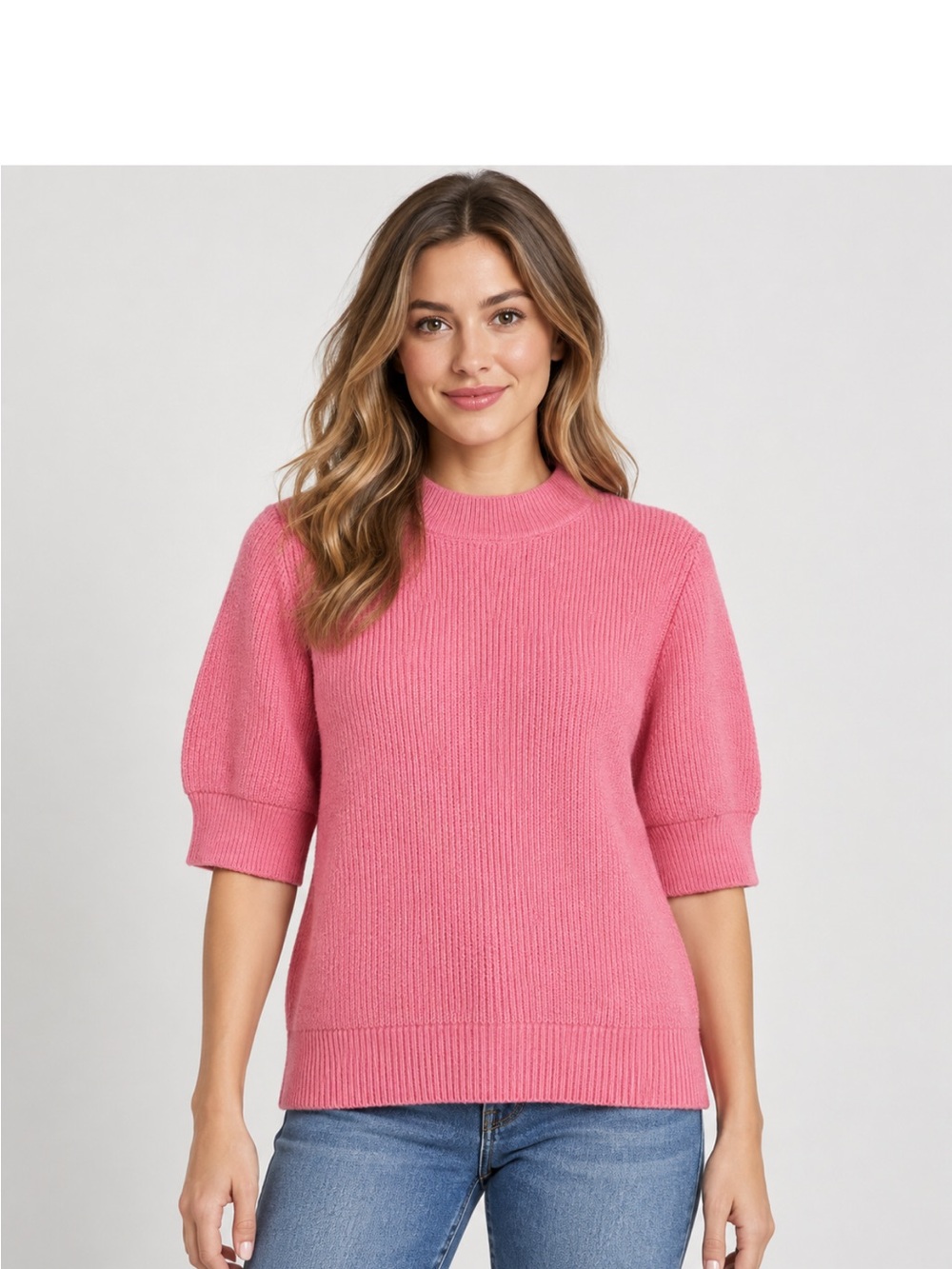 LOFT Pink Ribbed Puff-Sleeve Sweater – Size Small – Excellent Condition